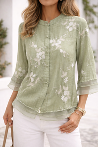 Julie | Floral Embroidered Button Front Blouse With Crew Neck