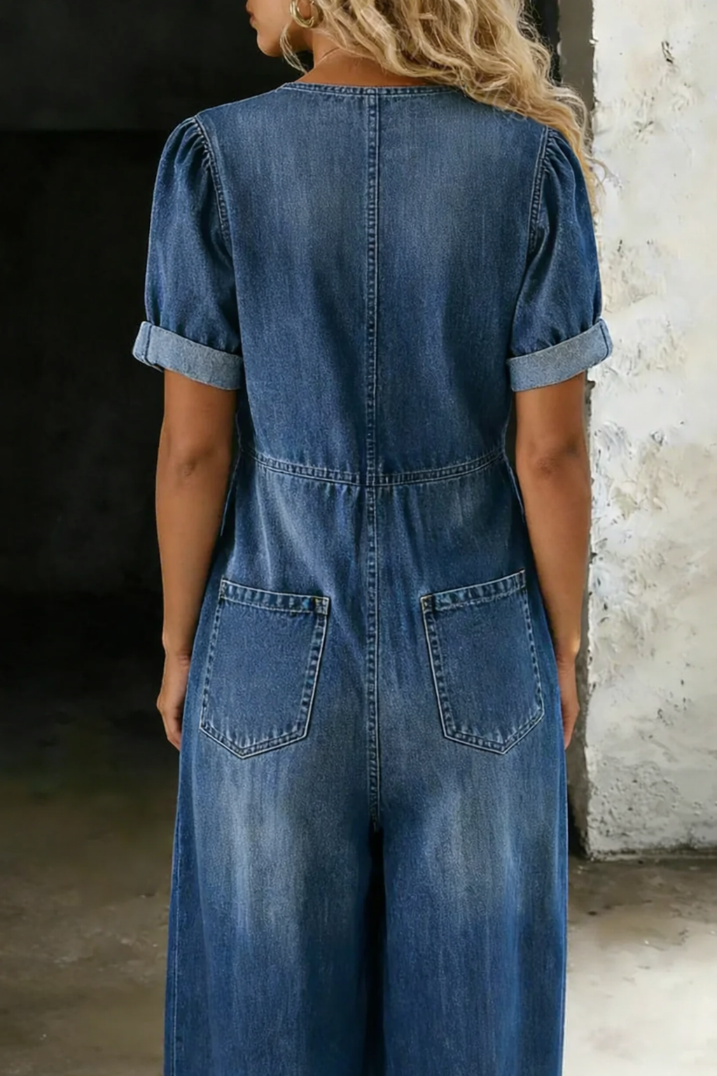 Karen | Casual Puff Sleeve Denim Jumpsuit With Tie Front