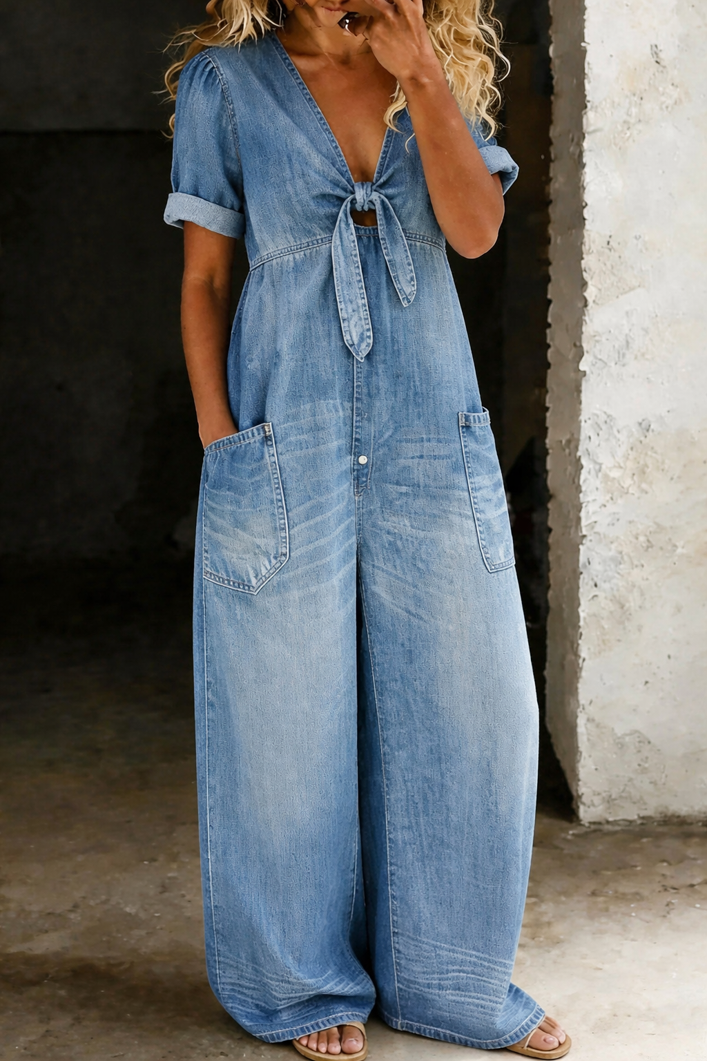 Karen | Casual Puff Sleeve Denim Jumpsuit With Tie Front