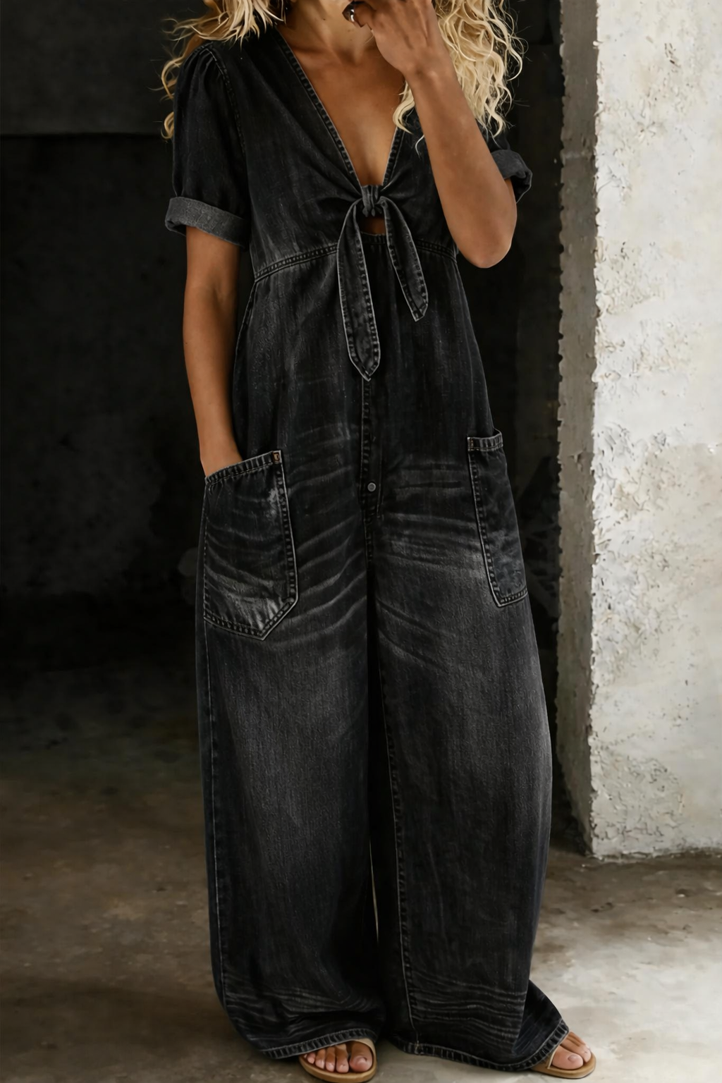 Karen | Casual Puff Sleeve Denim Jumpsuit With Tie Front