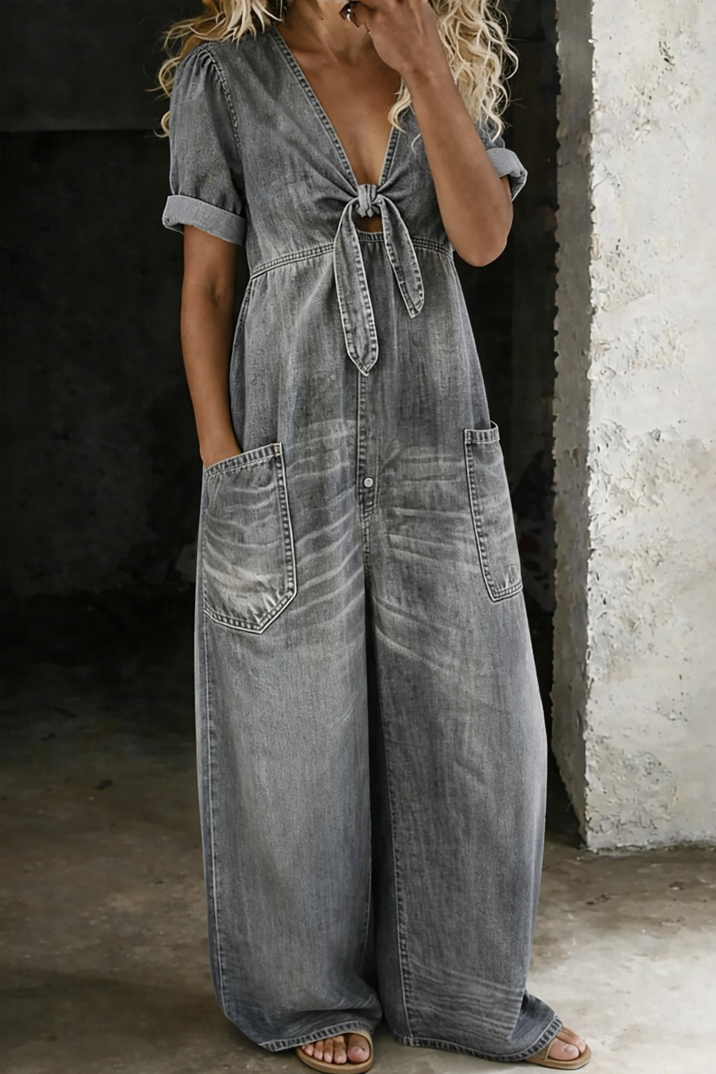 Karen | Casual Puff Sleeve Denim Jumpsuit With Tie Front