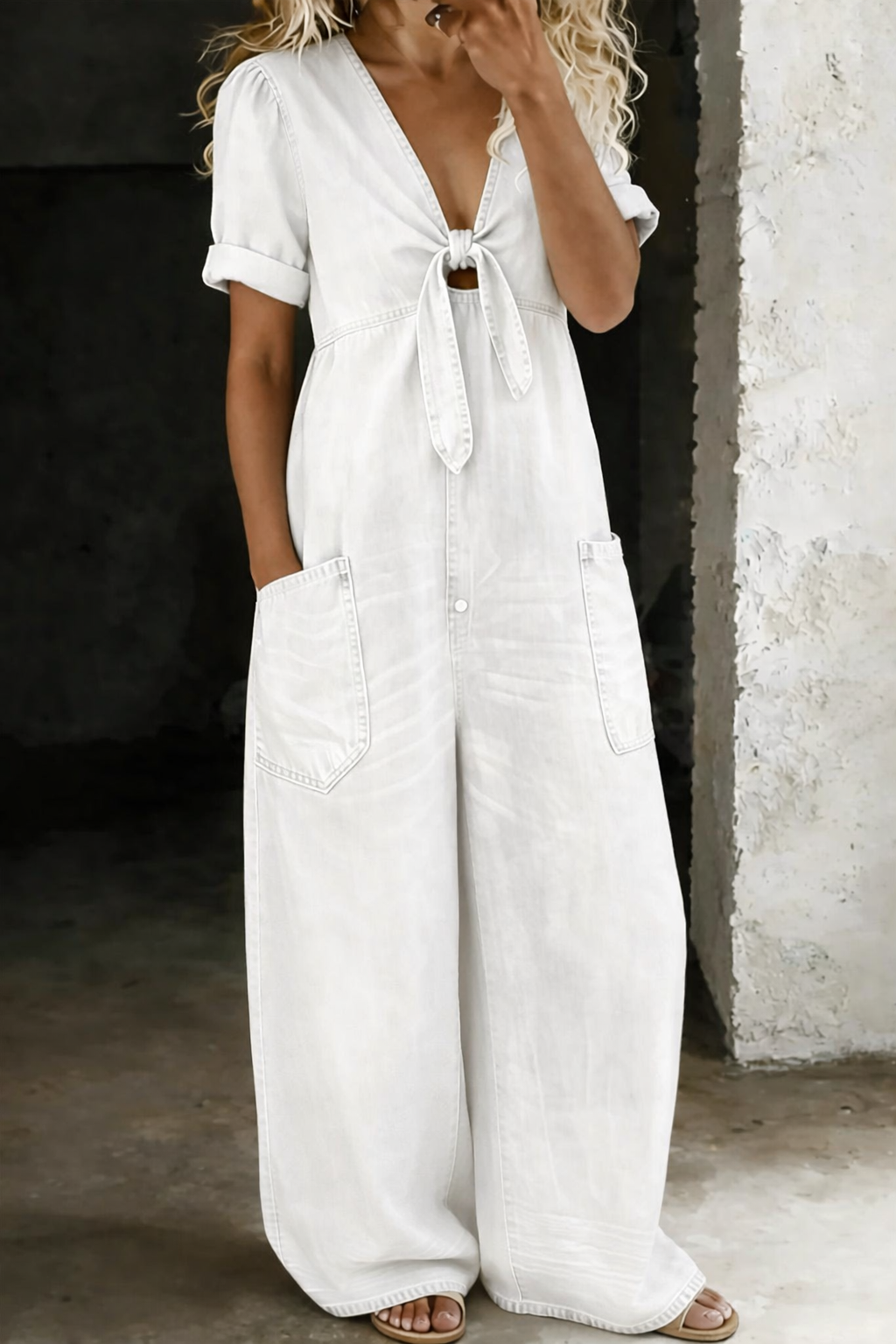 Karen | Casual Puff Sleeve Denim Jumpsuit With Tie Front