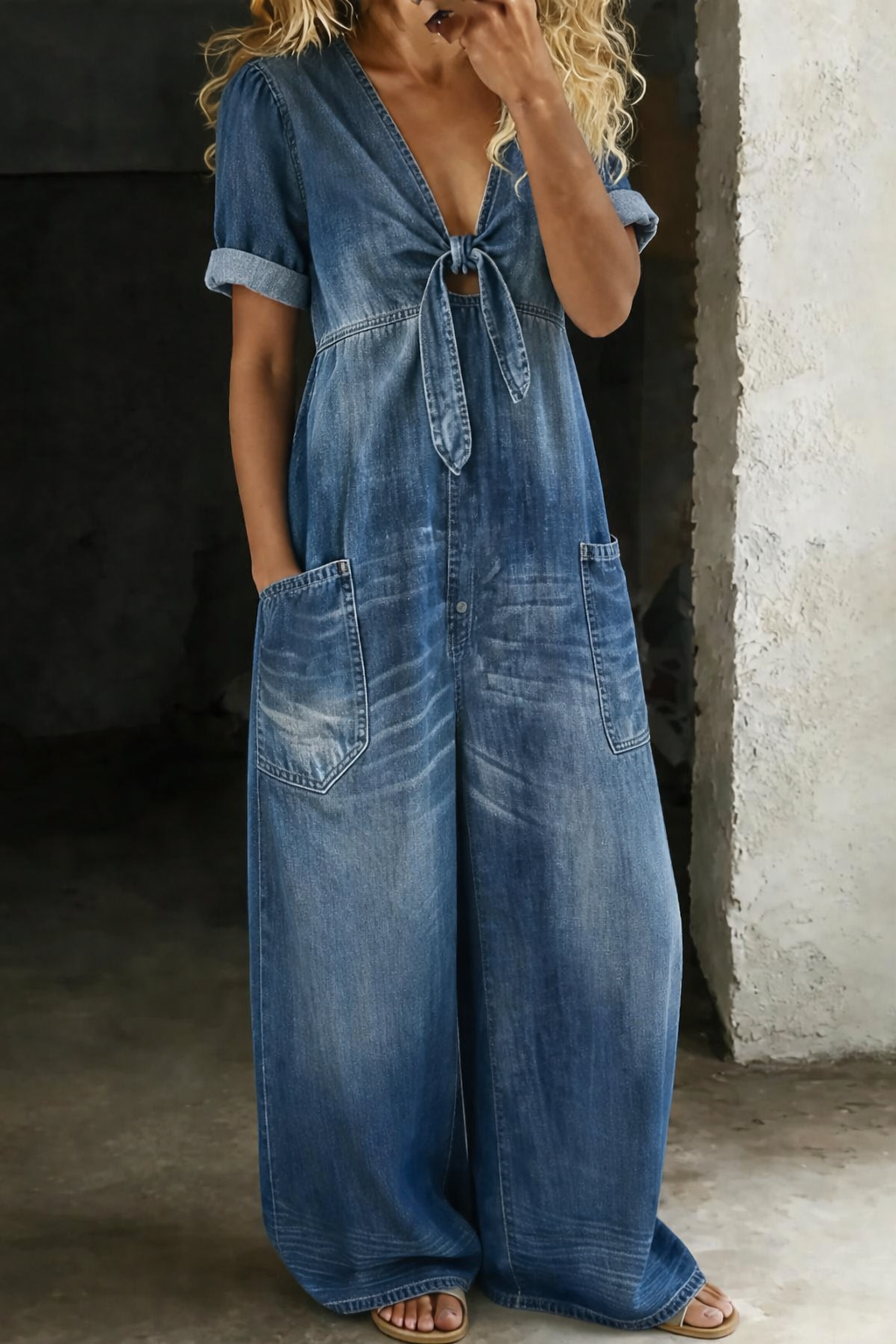 Karen | Casual Puff Sleeve Denim Jumpsuit With Tie Front