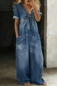 Karen | Casual Puff Sleeve Denim Jumpsuit With Tie Front
