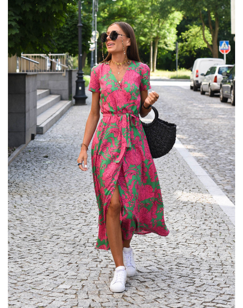 Karen | Floral Wrap Midi Dress with Tie Waist