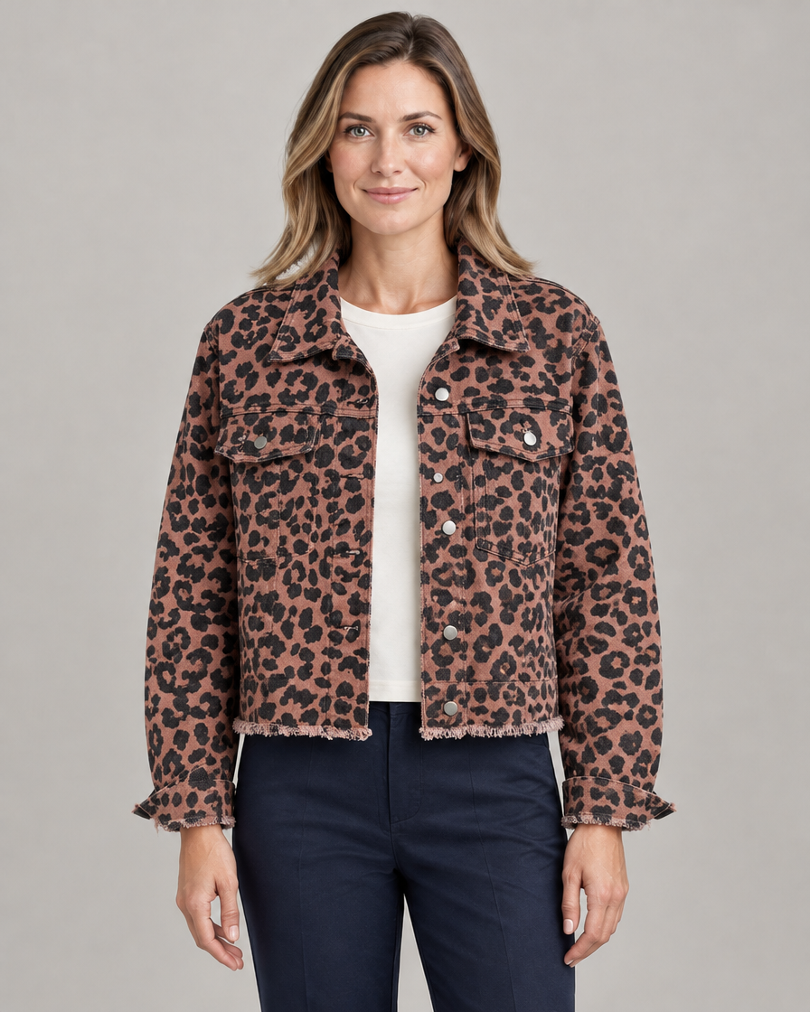Leopard Print Cropped Denim Jacket with Pockets