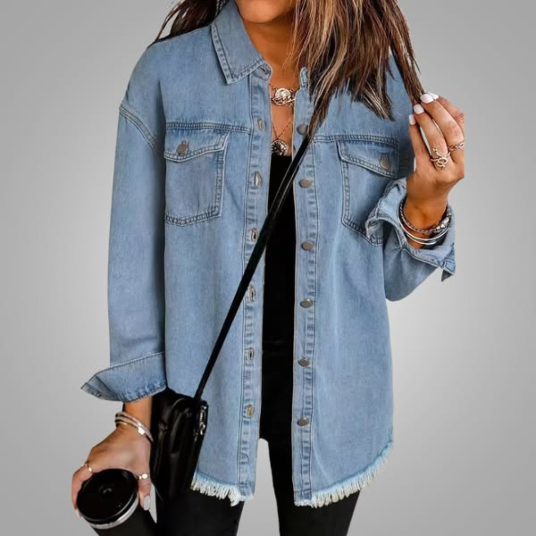 Linda | Denim Jacket with Chest Pockets and Frayed Hem