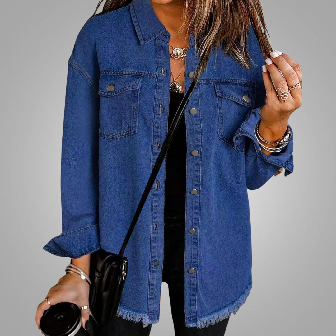 Linda | Denim Jacket with Chest Pockets and Frayed Hem