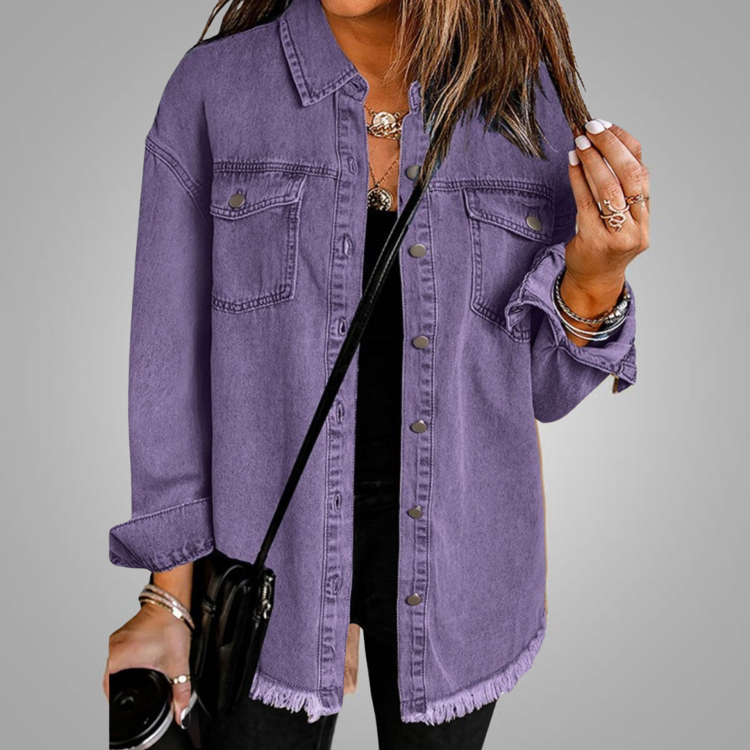 Linda | Denim Jacket with Chest Pockets and Frayed Hem