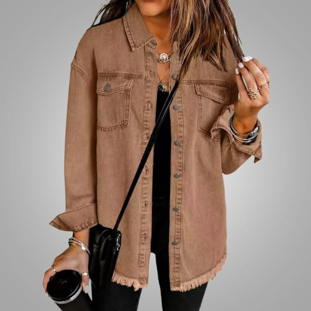 Linda | Denim Jacket with Chest Pockets and Frayed Hem