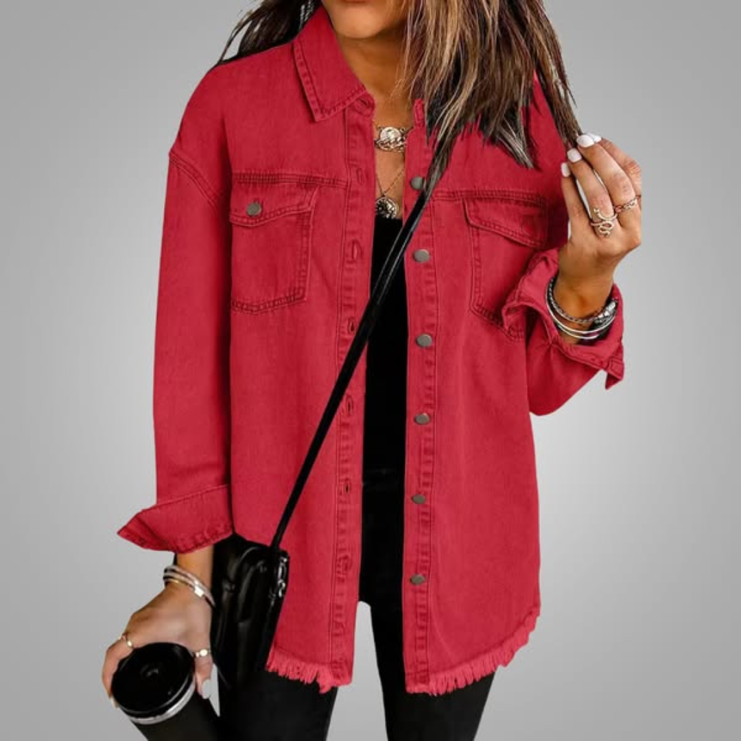 Linda | Denim Jacket with Chest Pockets and Frayed Hem
