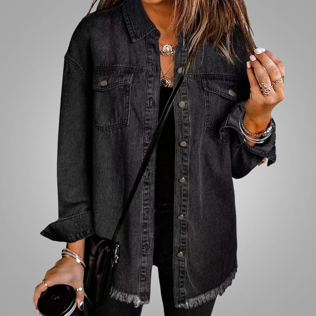 Linda | Denim Jacket with Chest Pockets and Frayed Hem