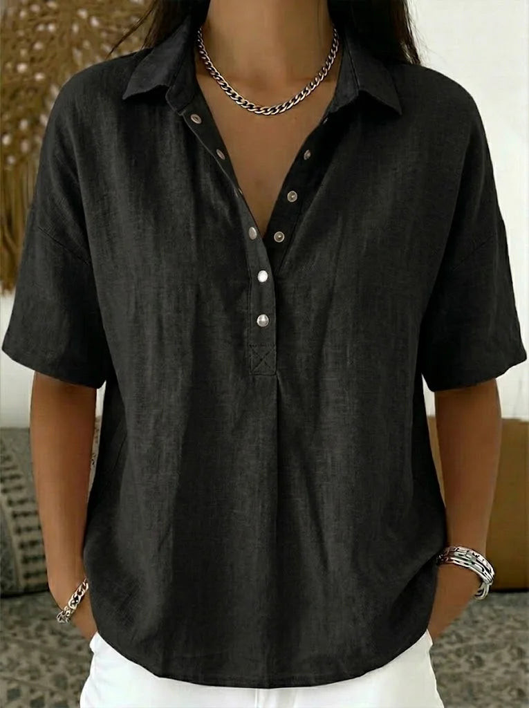 Linda | Linen Blend Short-Sleeve Collared Shirt