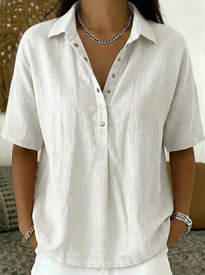 Linda | Linen Blend Short-Sleeve Collared Shirt
