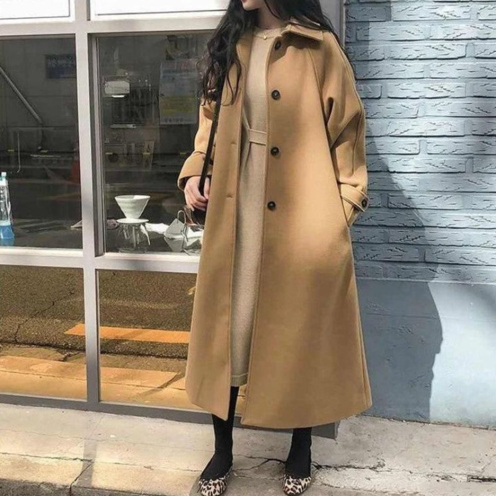 Longline Classic Trench Coat with Collared Neckline and Button Closure