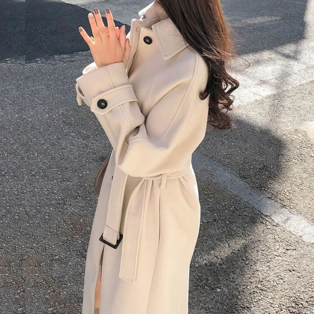 Longline Classic Trench Coat with Collared Neckline and Button Closure