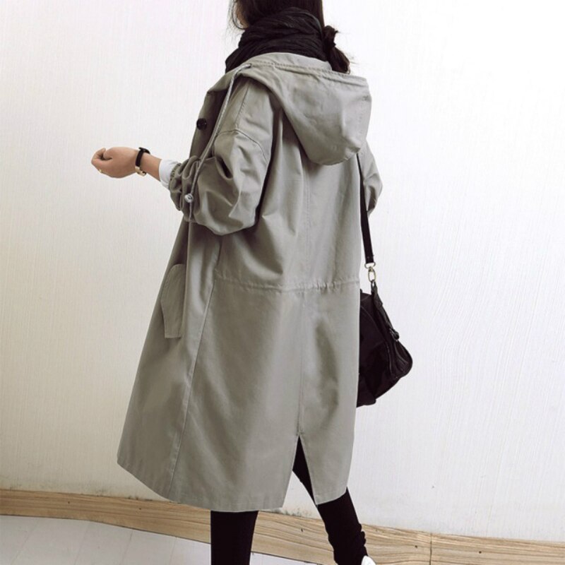 Longline Hooded Trench Coat with Adjustable Drawstring Waist