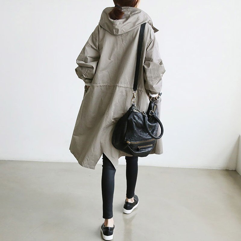 Longline Hooded Trench Coat with Adjustable Drawstring Waist