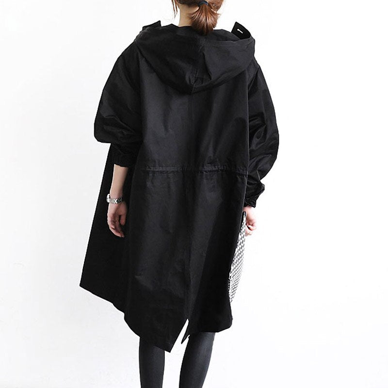 Longline Hooded Trench Coat with Adjustable Drawstring Waist