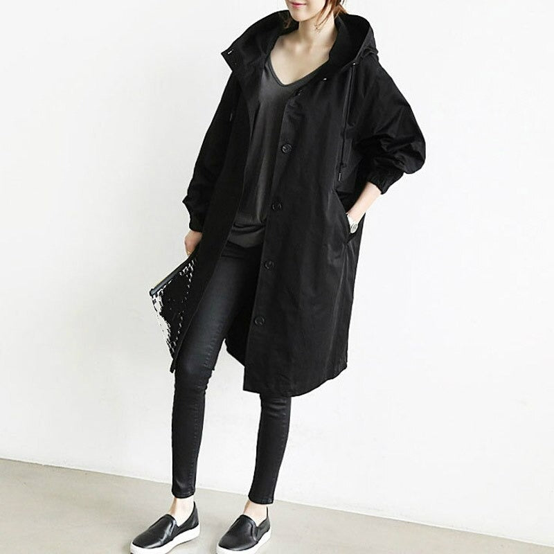 Longline Hooded Trench Coat with Adjustable Drawstring Waist