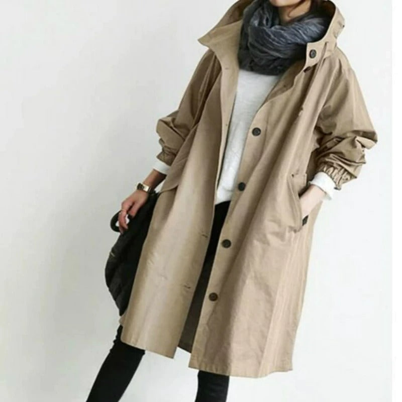 Longline Hooded Trench Coat with Adjustable Drawstring Waist