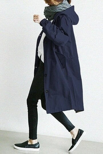 Longline Hooded Trench Coat with Adjustable Drawstring Waist