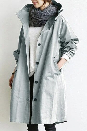 Longline Hooded Trench Coat with Adjustable Drawstring Waist
