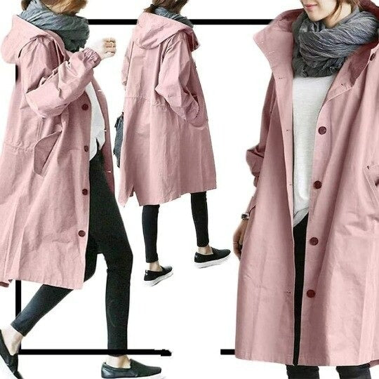 Longline Hooded Trench Coat with Adjustable Drawstring Waist