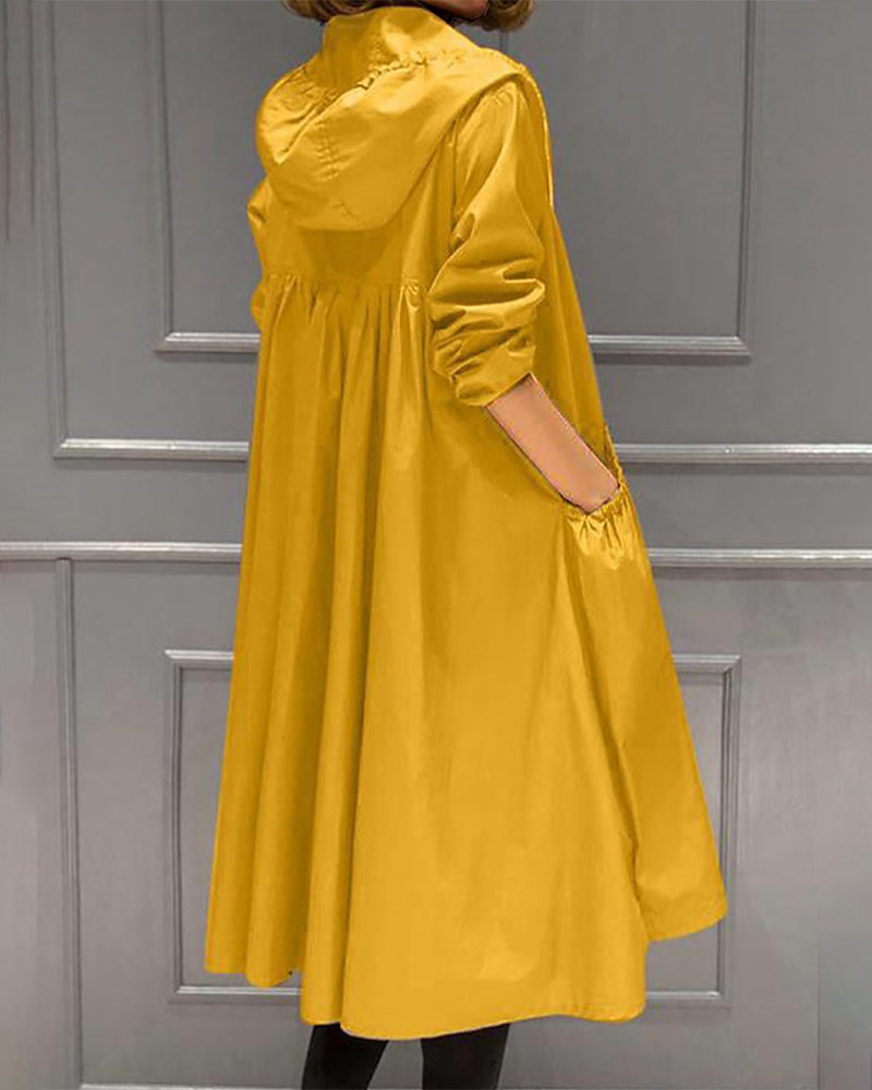 Longline Hooded Trench Coat with Drawstring Waist and Pockets