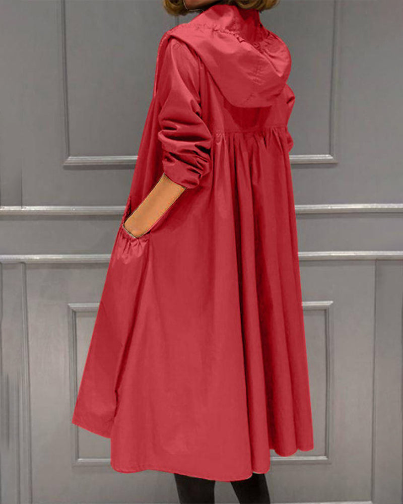 Longline Hooded Trench Coat with Drawstring Waist and Pockets