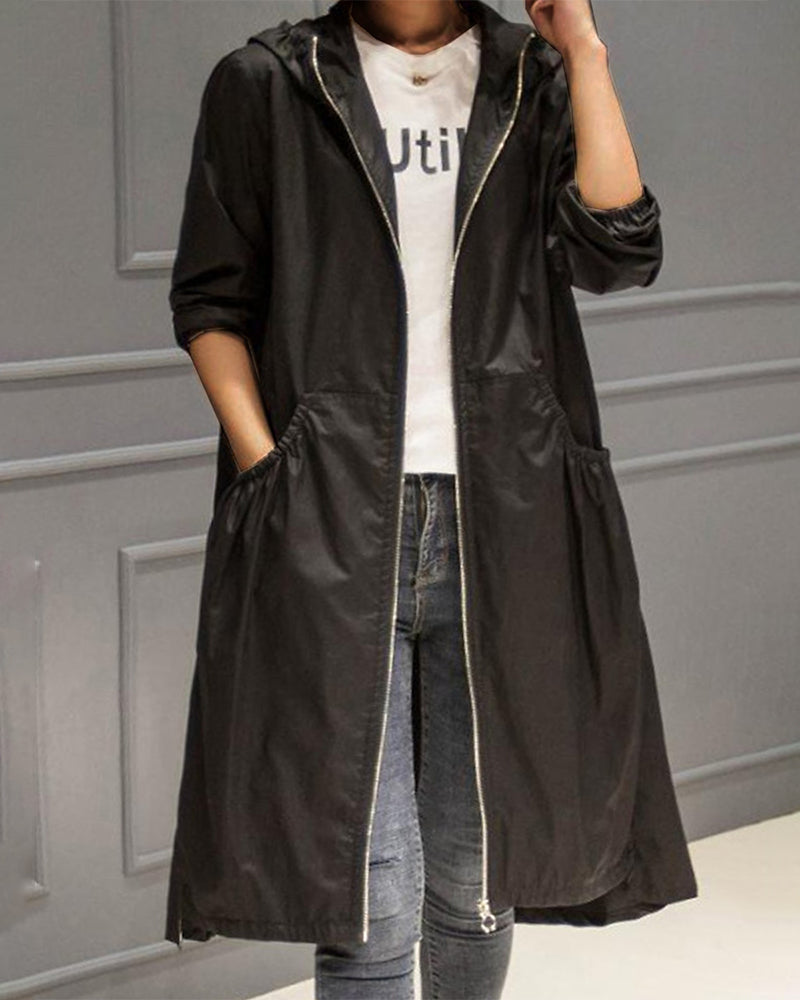 Longline Hooded Trench Coat with Drawstring Waist and Pockets