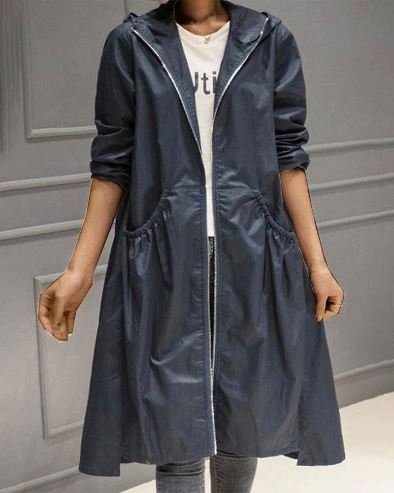 Longline Hooded Trench Coat with Drawstring Waist and Pockets
