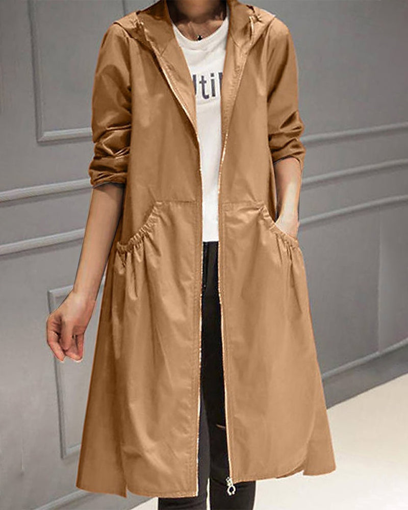 Longline Hooded Trench Coat with Drawstring Waist and Pockets
