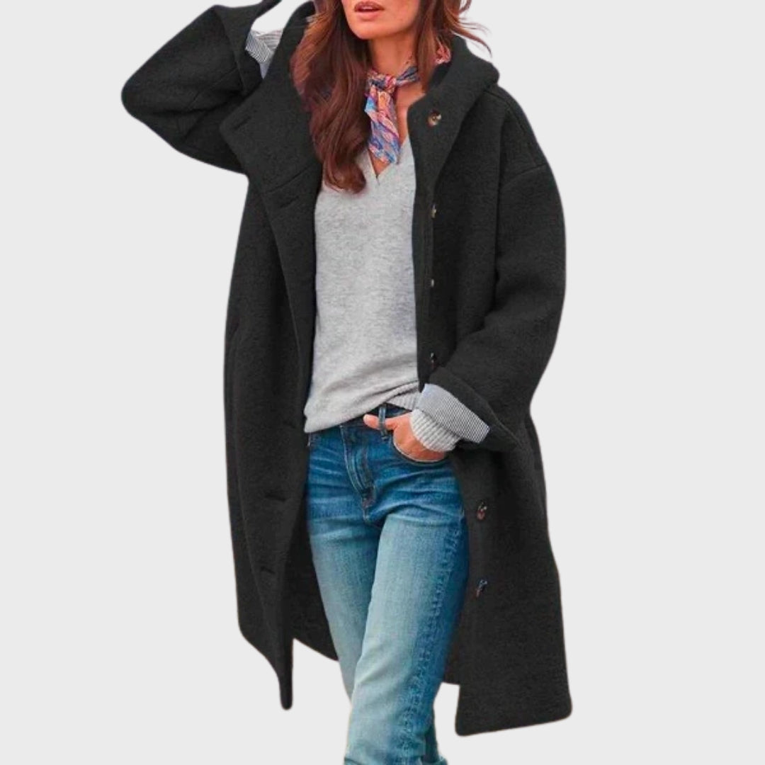 Longline Relaxed Hooded Trench Coat with Contrast Buttons