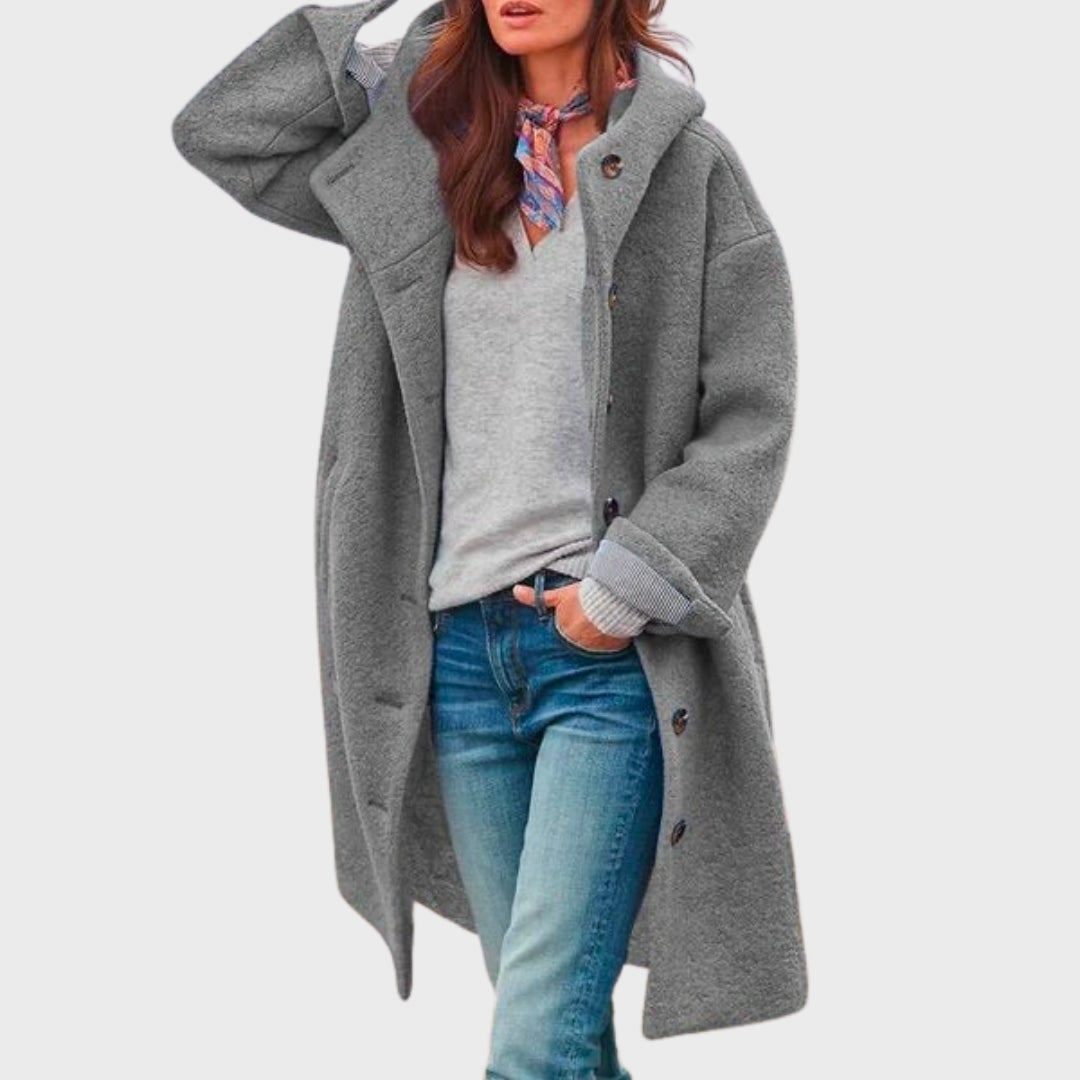Longline Relaxed Hooded Trench Coat with Contrast Buttons
