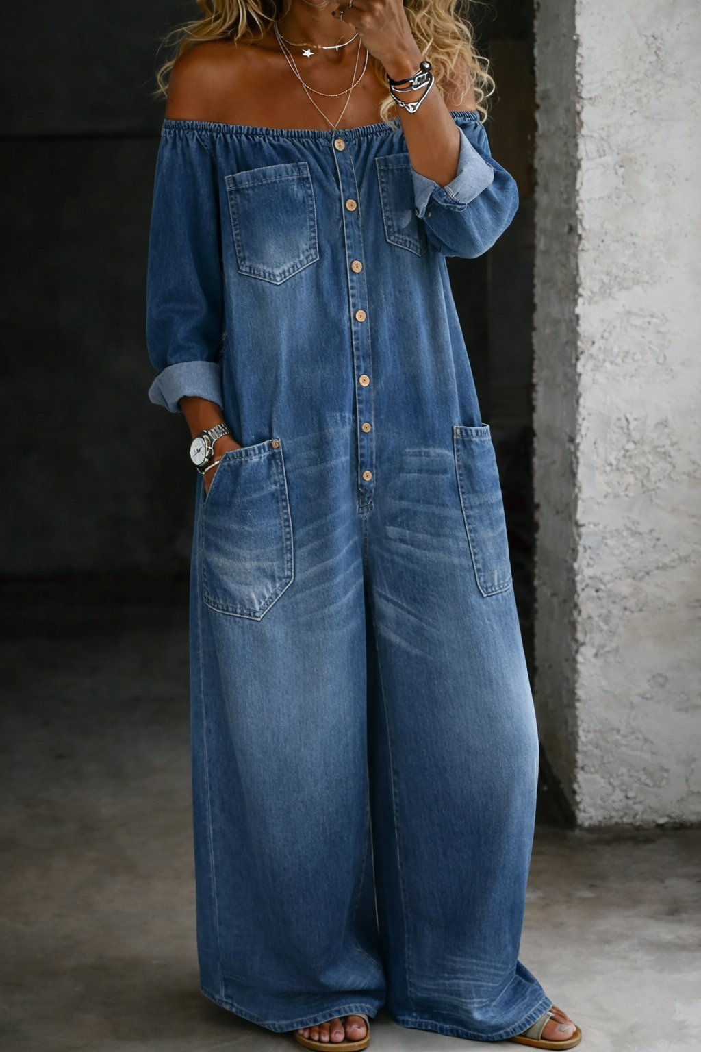 Margaret | Cold Shoulder Casual Denim Jumpsuit