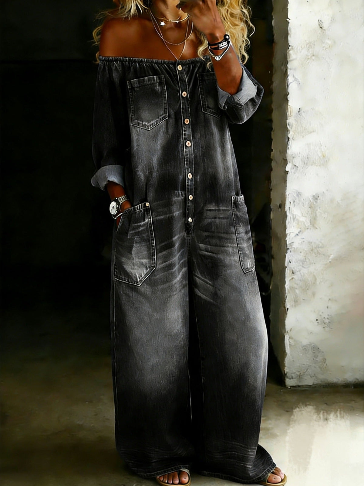 Margaret | Cold Shoulder Casual Denim Jumpsuit