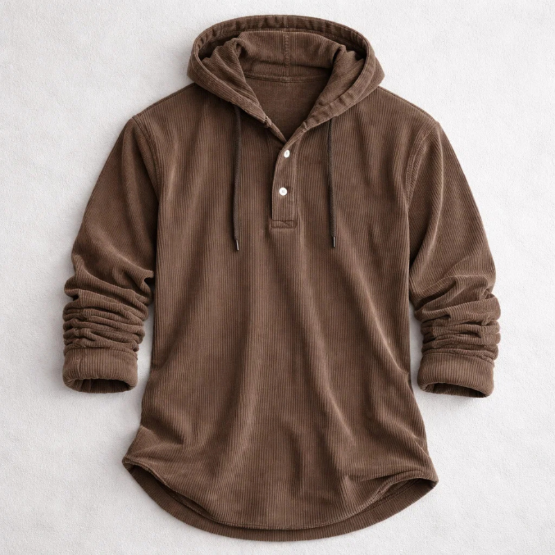Men's Corduroy Pullover Hoodie with Button Neckline