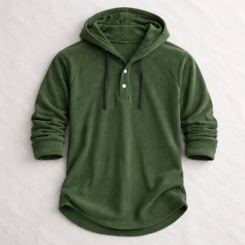 Men's Corduroy Pullover Hoodie with Button Neckline