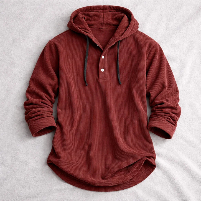 Men's Corduroy Pullover Hoodie with Button Neckline