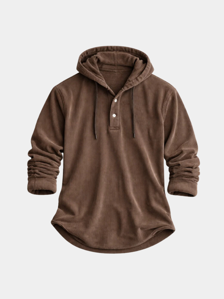 Men's Corduroy Pullover Hoodie with Button Neckline