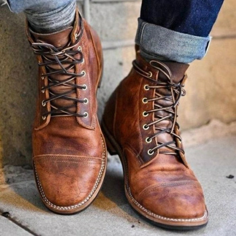 Men's Distressed Leather Mid-Top Casual Lace-Up Boots