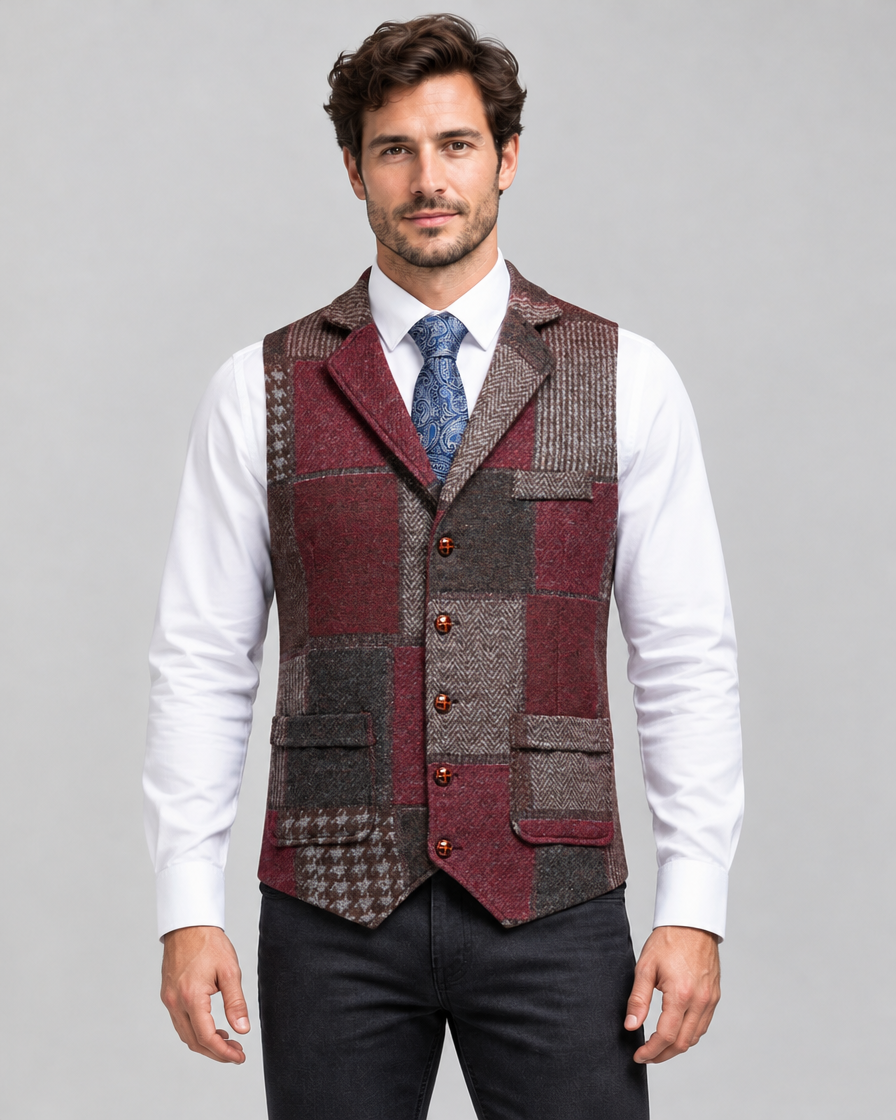 Men's Formal Tweed-Effect Vest with Adjustable Fit and Button Closure