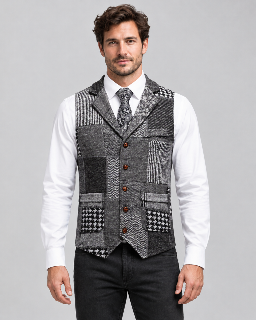 Men's Formal Tweed-Effect Vest with Adjustable Fit and Button Closure