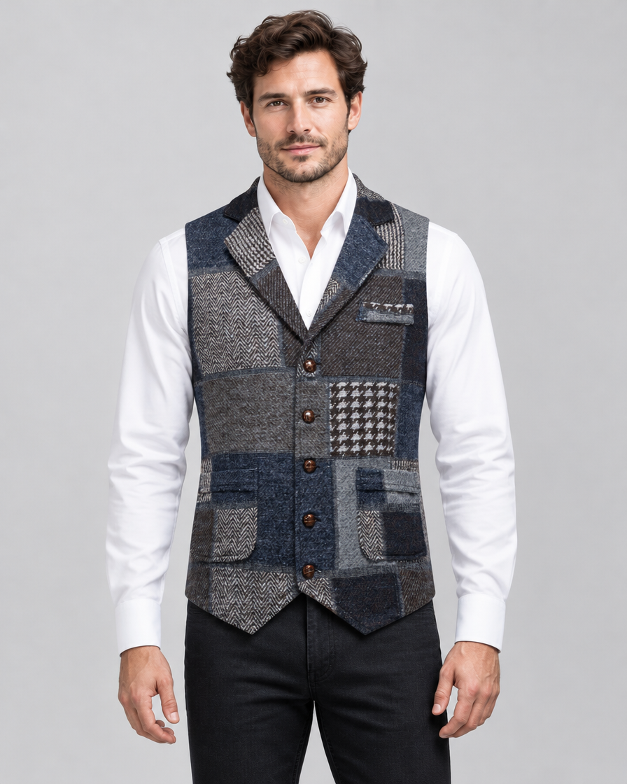 Men's Formal Tweed-Effect Vest with Adjustable Fit and Button Closure