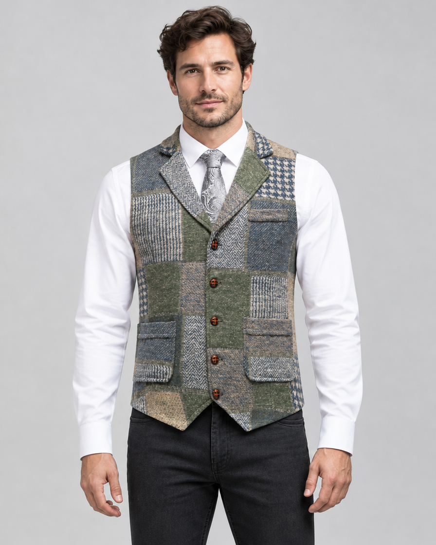 Men's Formal Tweed-Effect Vest with Adjustable Fit and Button Closure