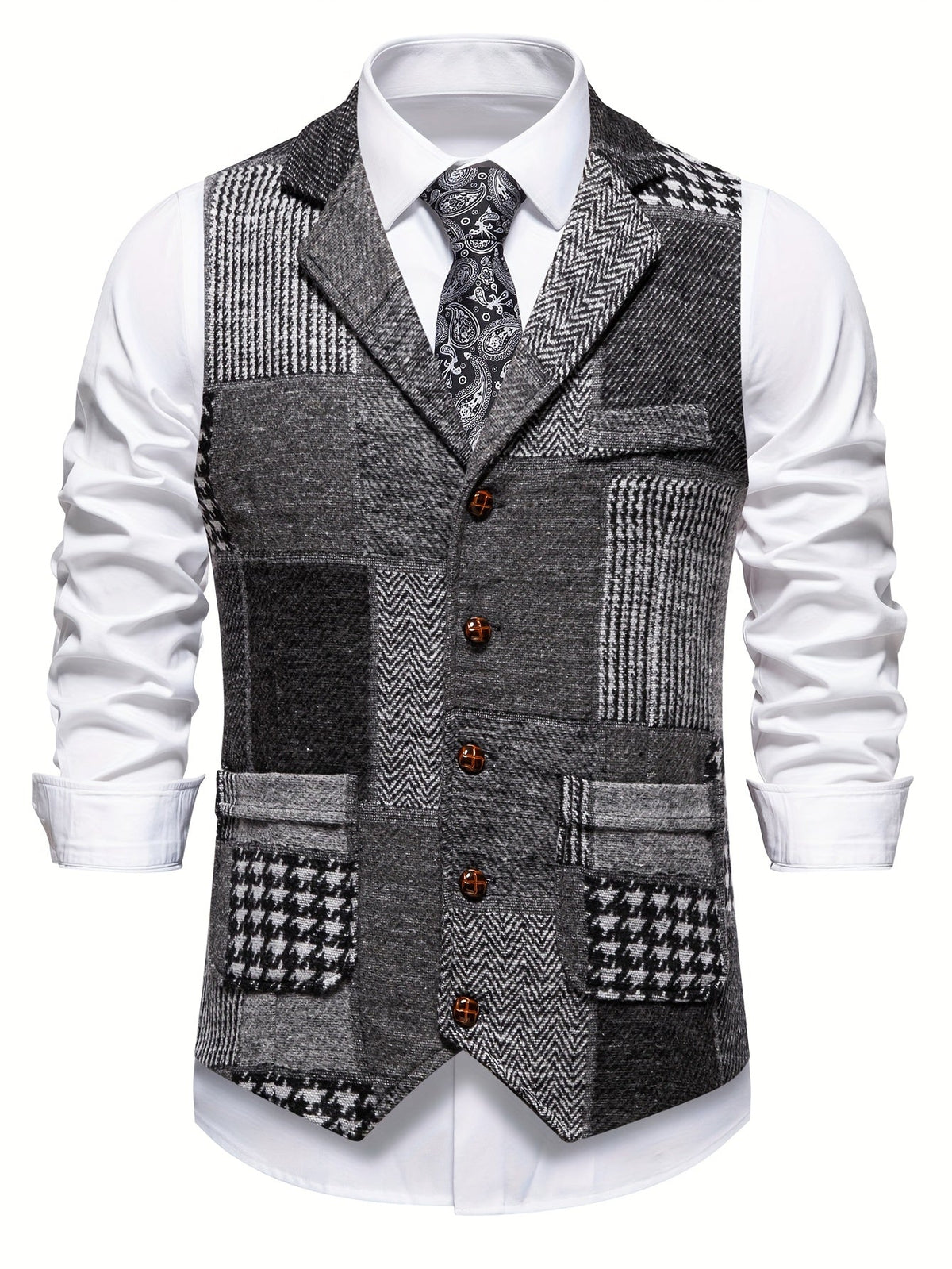 Men's Formal Tweed-Effect Vest with Adjustable Fit and Button Closure