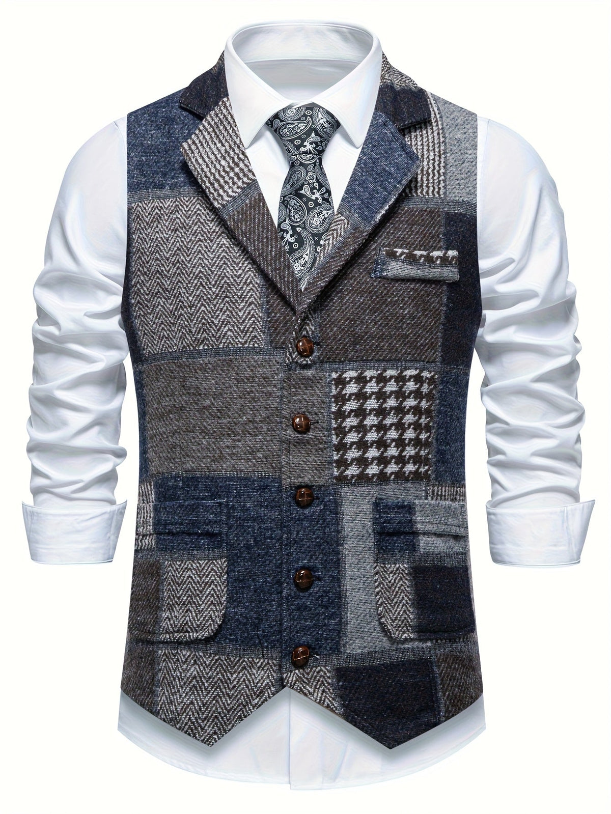 Men's Formal Tweed-Effect Vest with Adjustable Fit and Button Closure