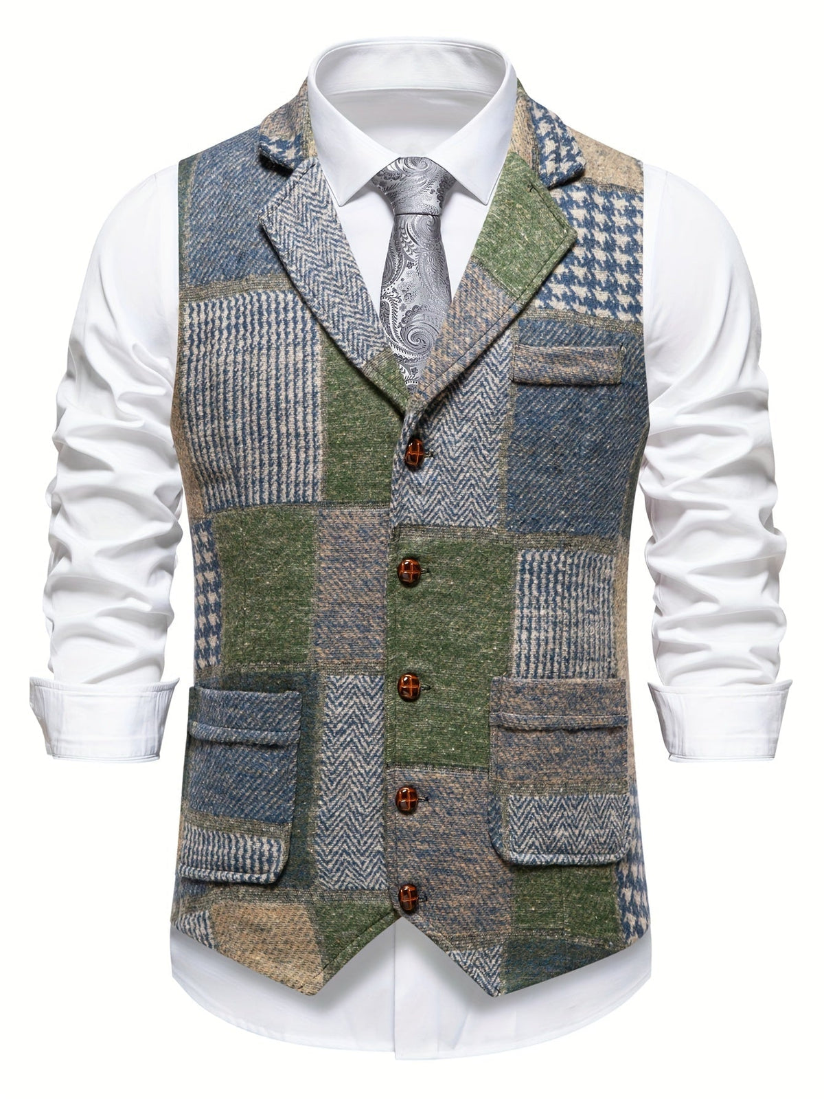 Men's Formal Tweed-Effect Vest with Adjustable Fit and Button Closure