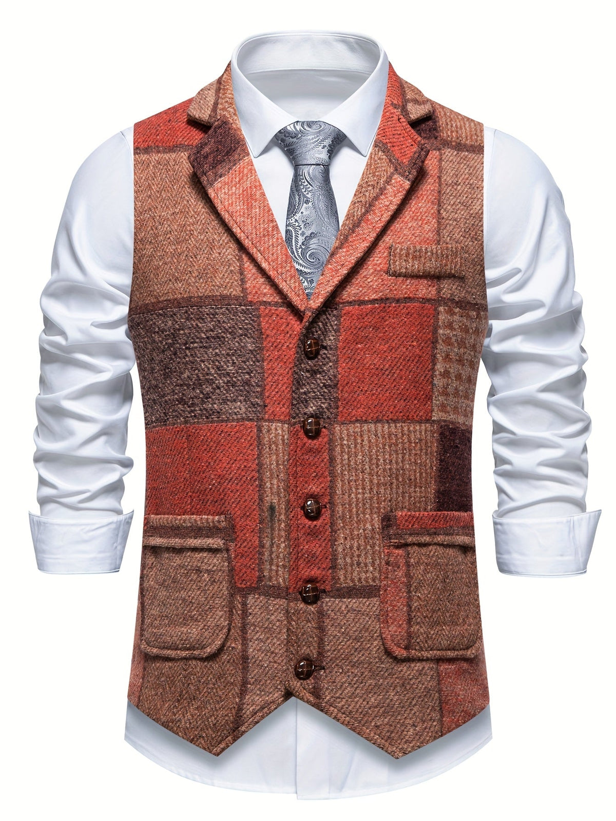 Men's Formal Tweed-Effect Vest with Adjustable Fit and Button Closure